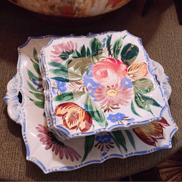 Italian Majolica Cake Set Platter/6 Plates Renaissance Revival Faïence Nove Rose - Picture 2 of 6